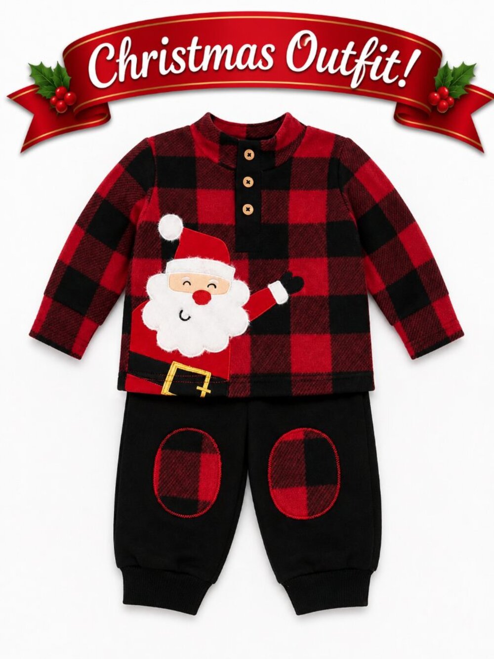 NWT Baby Essentials Baby Boy Christmas Outfit 2-Piece Santa Plaid Set 12 Months